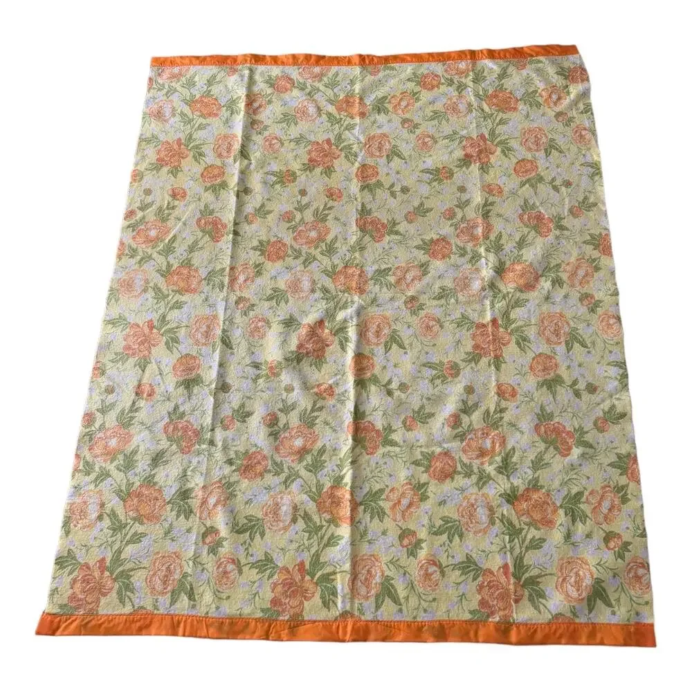 Pair of Vintage 60s-70s Chatham Esmon Floral Fiberwoven Blankets Satin Trim Full